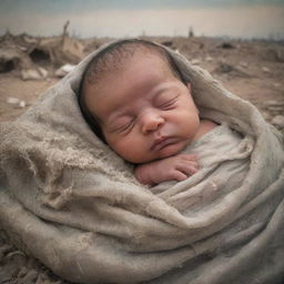 A heartbreaking yet hopeful image of a newborn named Ghaith, softly sleeping, overlaid with faded memories of a destroyed homeland in the background, depicting the strength of new life amidst struggle.