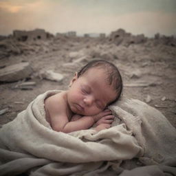 A heartbreaking yet hopeful image of a newborn named Ghaith, softly sleeping, overlaid with faded memories of a destroyed homeland in the background, depicting the strength of new life amidst struggle.