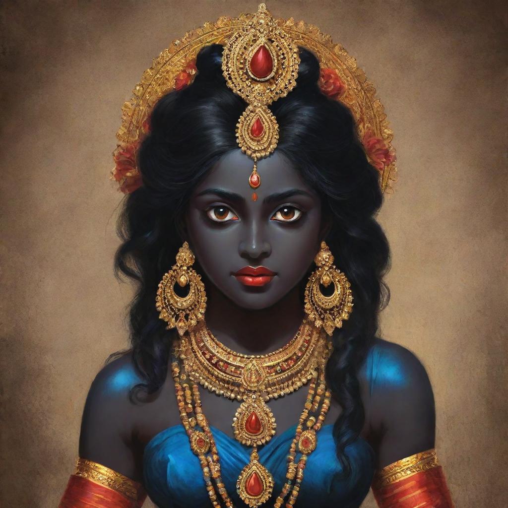 An illustration of a young version of the Indian goddess Kali, maintaining her traditional dark skin and symbolic attributes, yet with a youthful innocence in her eyes, adorned in vivid traditional attire.