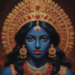 An illustration of a young version of the Indian goddess Kali, maintaining her traditional dark skin and symbolic attributes, yet with a youthful innocence in her eyes, adorned in vivid traditional attire.