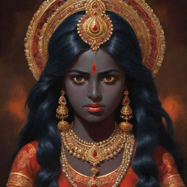 An illustration of a young version of the Indian goddess Kali, maintaining her traditional dark skin and symbolic attributes, yet with a youthful innocence in her eyes, adorned in vivid traditional attire.