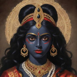 An illustration of a young version of the Indian goddess Kali, maintaining her traditional dark skin and symbolic attributes, yet with a youthful innocence in her eyes, adorned in vivid traditional attire.