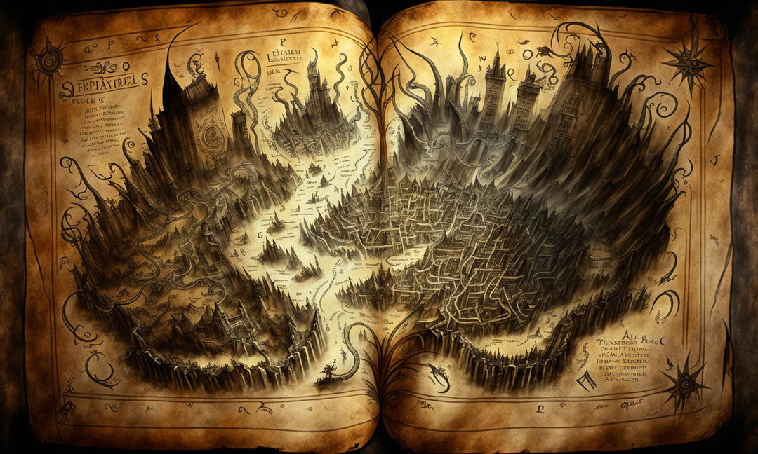 Aged parchment featuring a detailed hand-drawn map to a fantasy underworld. The map shows winding paths marked with glowing runes, an obsidian-walled city with unique districts, and various landmarks annotated in an ancient language.