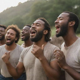 A group of men singing heartily in harmony, with passion etched on their faces. The surrounding environment is ripe with musical warmth.