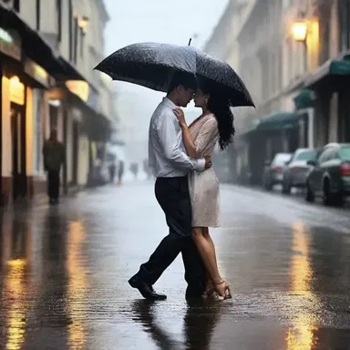 As the rain poured down, the couple danced haphazardly in the street, not worrying about stepping on puddles or getting wet.