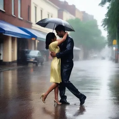 As the rain poured down, the couple danced haphazardly in the street, not worrying about stepping on puddles or getting wet.