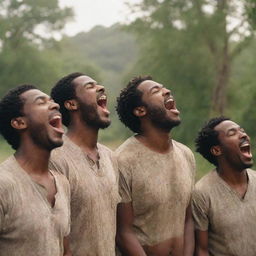 A group of men singing heartily in harmony, with passion etched on their faces. The surrounding environment is ripe with musical warmth.