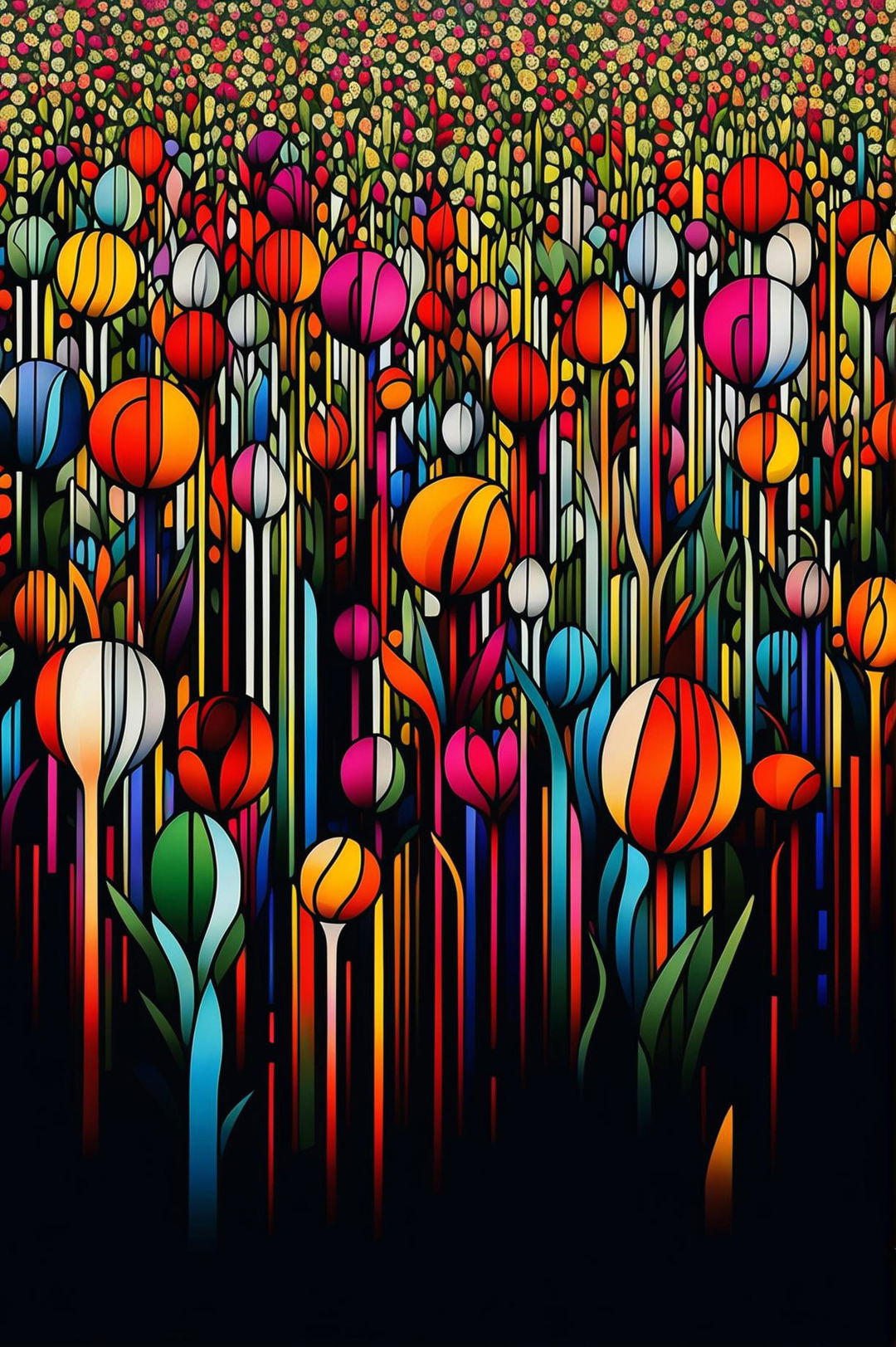 A vibrant, abstract digital art piece representing a field of flowers