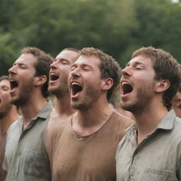 A group of men singing heartily in harmony, with passion etched on their faces. The surrounding environment is ripe with musical warmth.