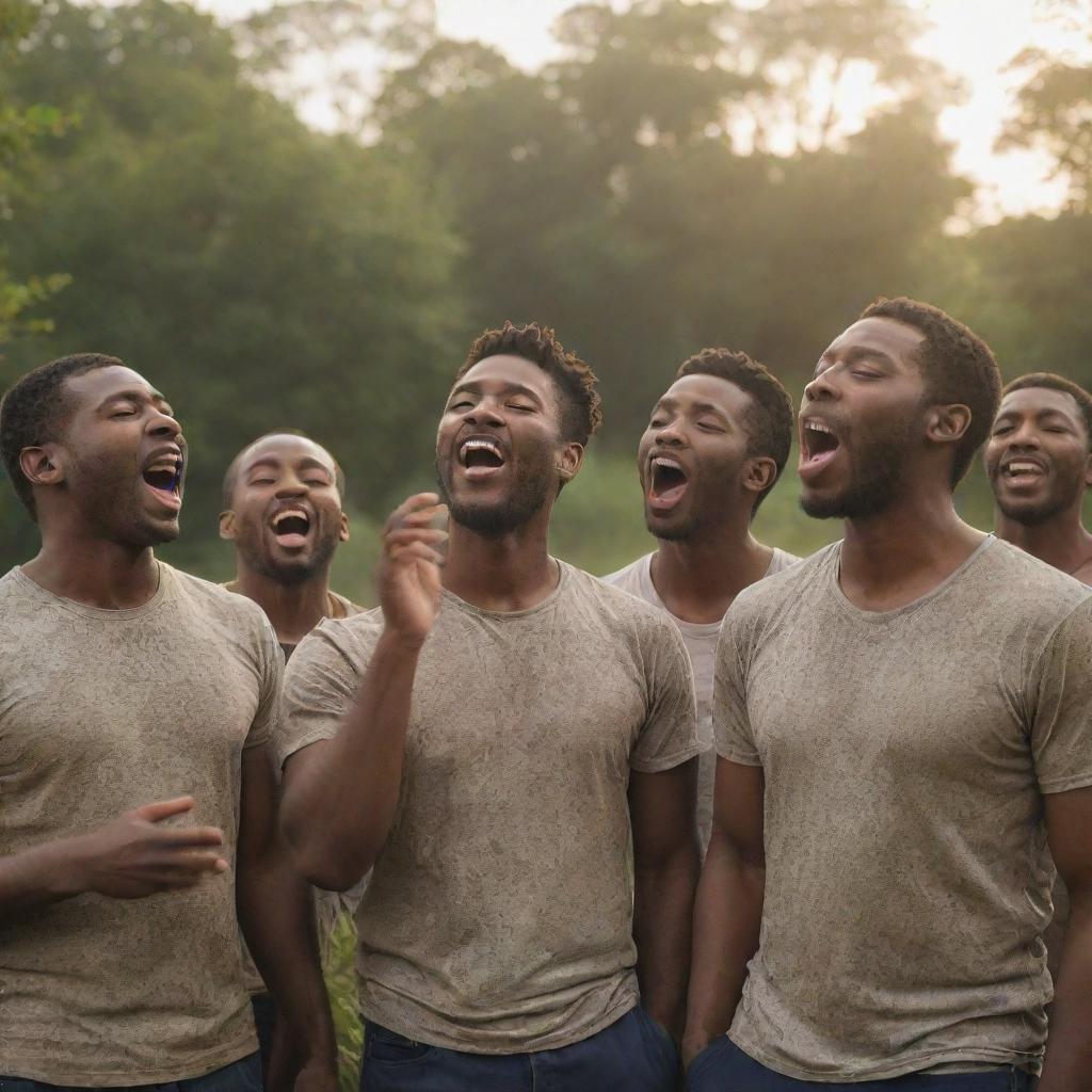 A group of men singing heartily in harmony, with passion etched on their faces. The surrounding environment is ripe with musical warmth.