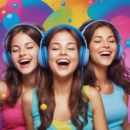 A colorful caricature-style banner featuring cheerful girls relaxing and listening to music, each with their distinctive headphones and music players, immersed in their own vibrant music bubbles.