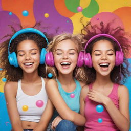 A colorful caricature-style banner featuring cheerful girls relaxing and listening to music, each with their distinctive headphones and music players, immersed in their own vibrant music bubbles.