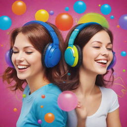 A colorful caricature-style banner featuring cheerful girls relaxing and listening to music, each with their distinctive headphones and music players, immersed in their own vibrant music bubbles.