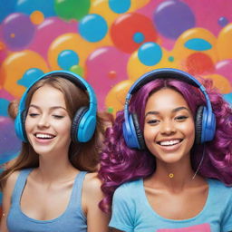 A colorful caricature-style banner featuring cheerful girls relaxing and listening to music, each with their distinctive headphones and music players, immersed in their own vibrant music bubbles.