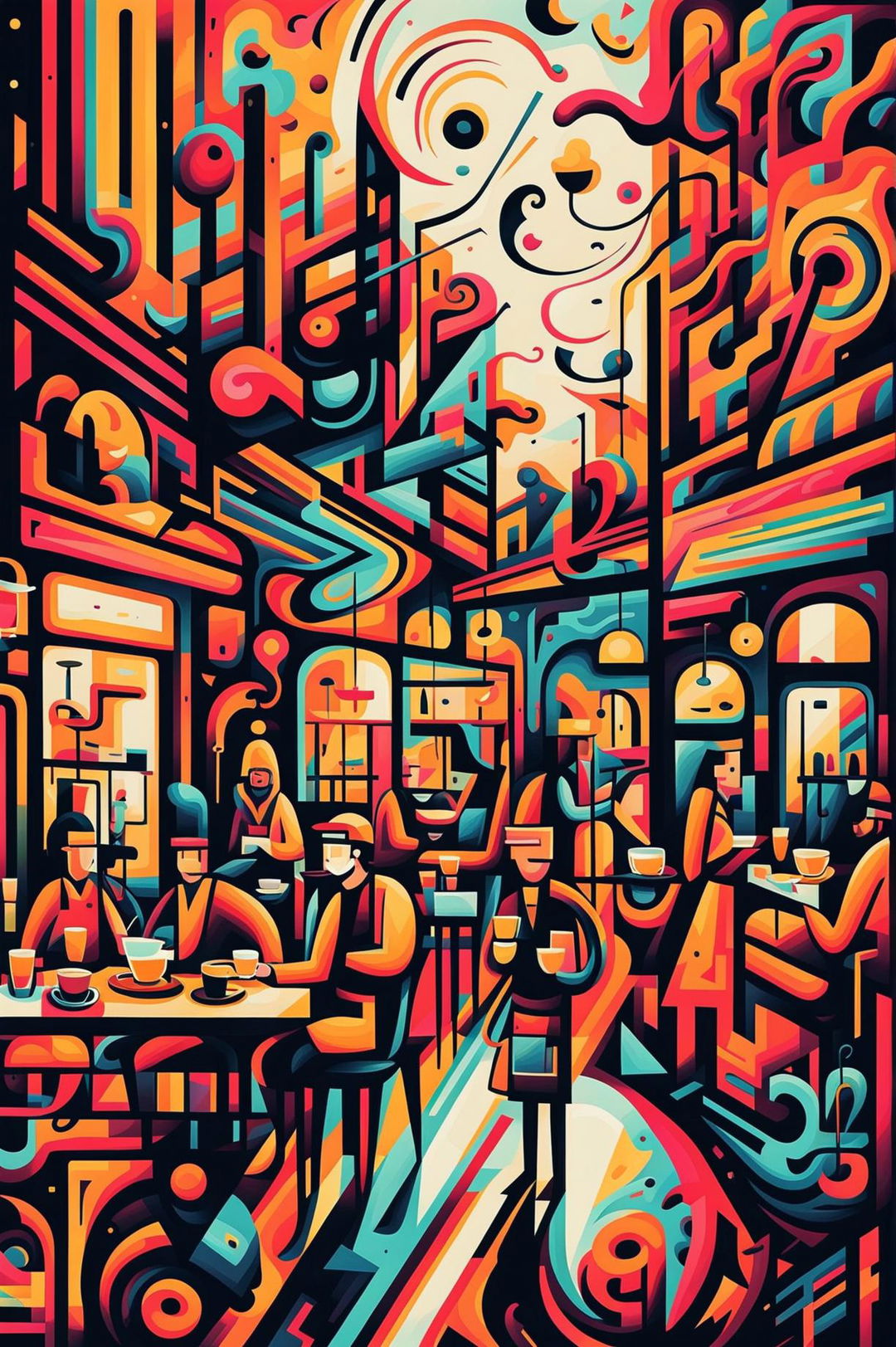 A vibrant, abstract digital art piece depicting a bustling cafe