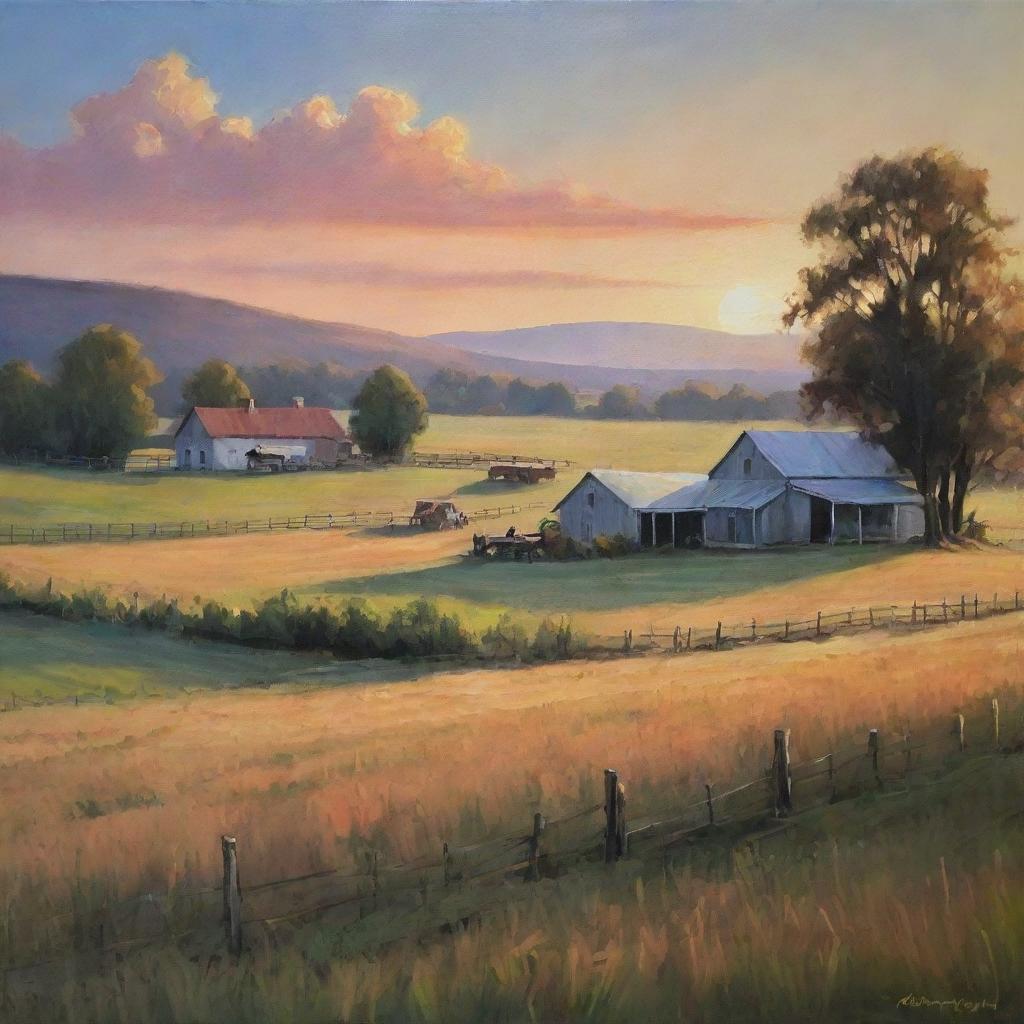 An acrylic painting of a tranquil farm in rural scenery, bathed in the soft glow of a setting sun.