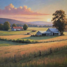 An acrylic painting of a tranquil farm in rural scenery, bathed in the soft glow of a setting sun.