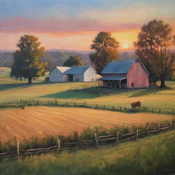 An acrylic painting of a tranquil farm in rural scenery, bathed in the soft glow of a setting sun.