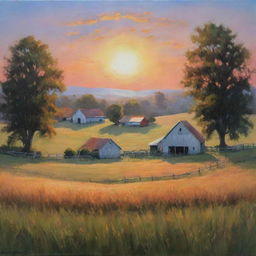 An acrylic painting of a tranquil farm in rural scenery, bathed in the soft glow of a setting sun.