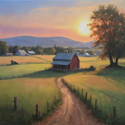 An acrylic painting of a tranquil farm in rural scenery, bathed in the soft glow of a setting sun.