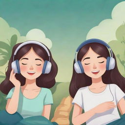 Cartoon banner featuring girls peacefully listening to relaxing music