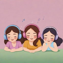 Cartoon banner featuring girls peacefully listening to relaxing music