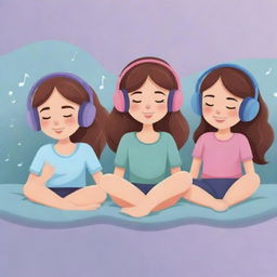 Cartoon banner featuring girls peacefully listening to relaxing music