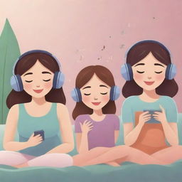 Cartoon banner featuring girls peacefully listening to relaxing music