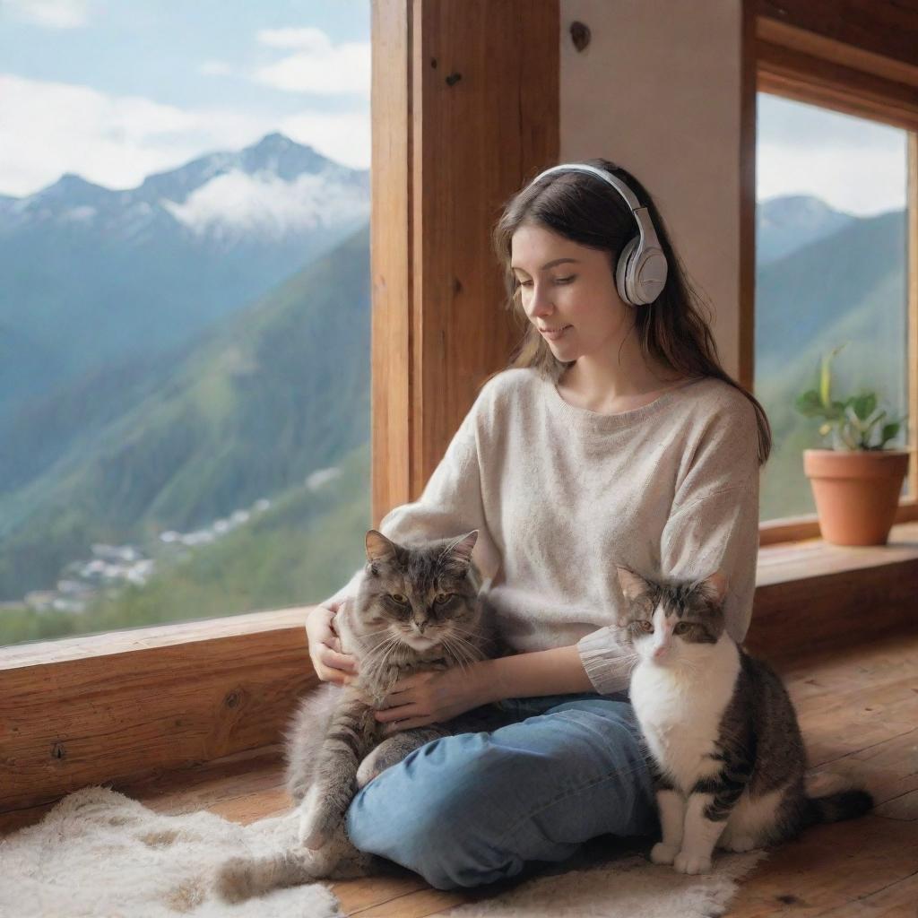 Semi-realistic banner of a girl and her cat listening to relaxing music in a house on a mountain