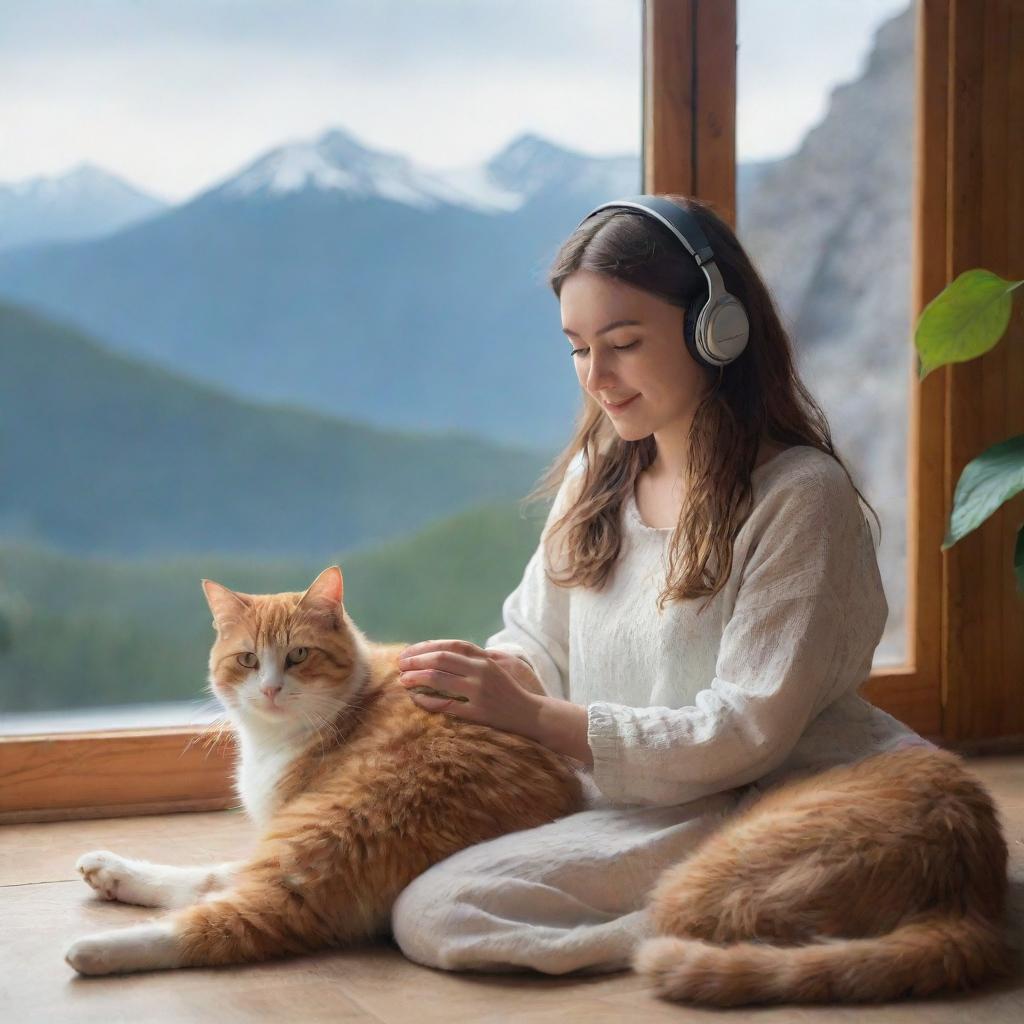 Semi-realistic banner of a girl and her cat listening to relaxing music in a house on a mountain