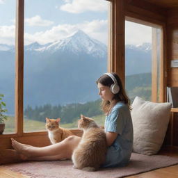 Semi-realistic banner of a girl and her cat listening to relaxing music in a house on a mountain