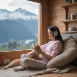 Semi-realistic banner of a girl and her cat listening to relaxing music in a house on a mountain