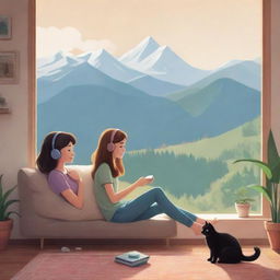 Cartoon banner of a girl and her cat, comfortably listening to relaxing music in a house, nestled upon a serene mountain