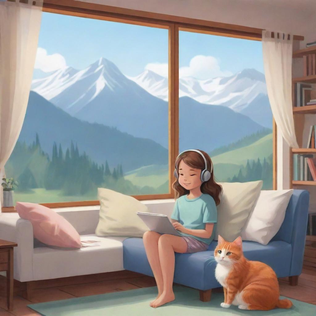 Cartoon banner of a girl and her cat, comfortably listening to relaxing music in a house, nestled upon a serene mountain