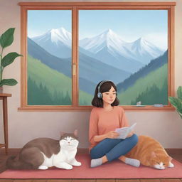 Cartoon banner of a girl and her cat, comfortably listening to relaxing music in a house, nestled upon a serene mountain