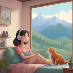 Cartoon banner of a girl and her cat, comfortably listening to relaxing music in a house, nestled upon a serene mountain