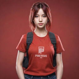 Anime-style girl dressed in red, holding a PUBG logo