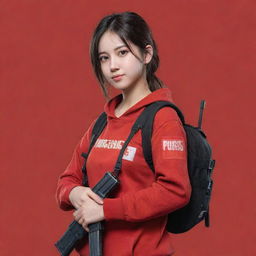 Anime-style girl dressed in red, holding a PUBG logo