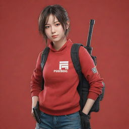 Anime-style girl dressed in red, holding a PUBG logo