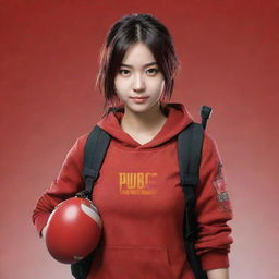 Anime-style girl dressed in red, holding a PUBG logo