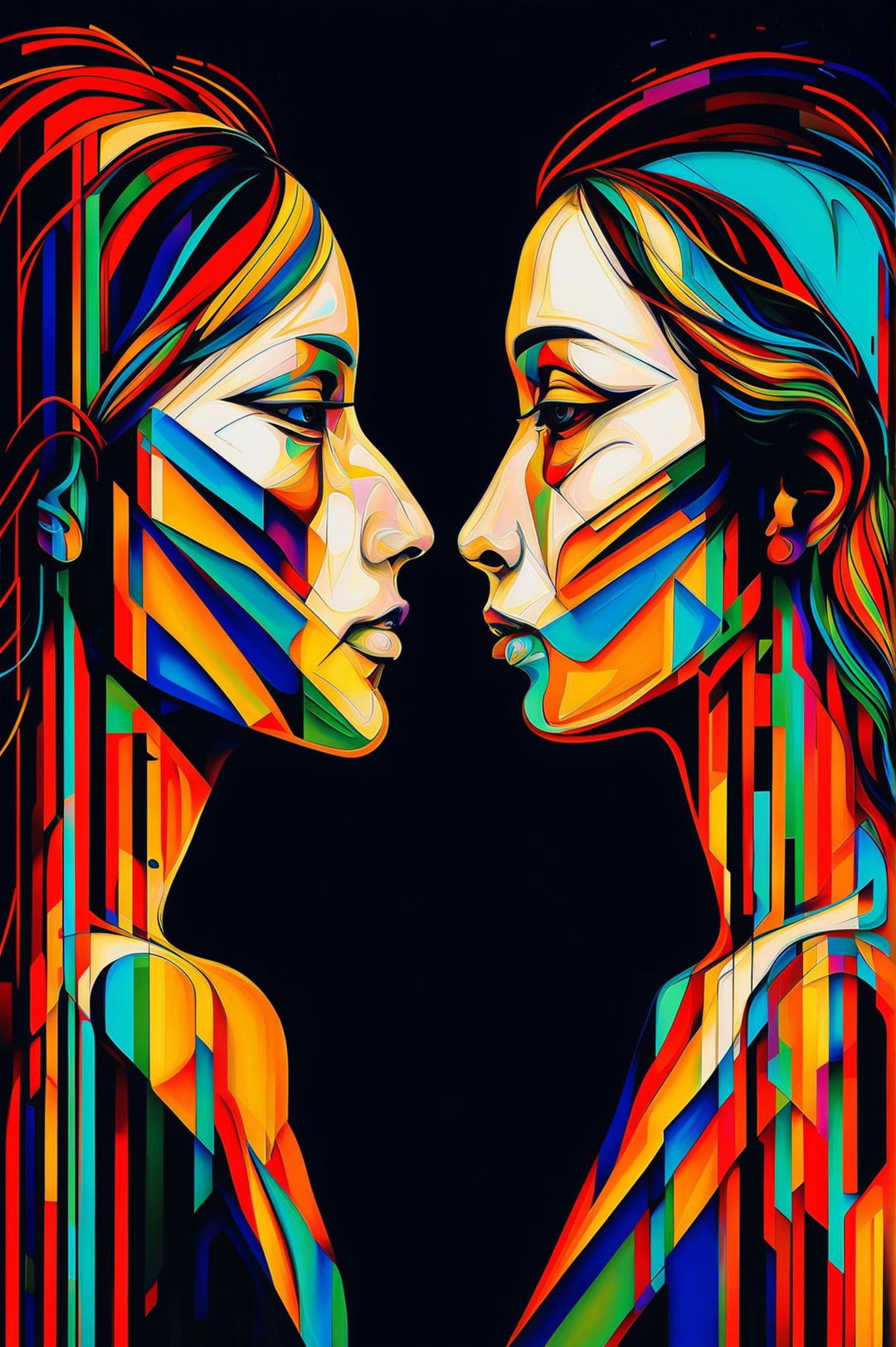 A vibrant, abstract digital art piece depicting a profound moment between two women looking at each other