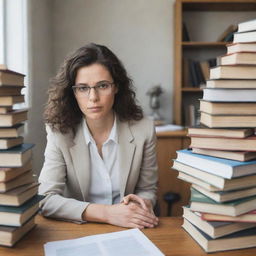 A diligent teacher immersed in work, seated at a cluttered wooden desk, engrossed in her personal computer amidst a stack of books.