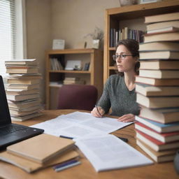 A diligent teacher immersed in work, seated at a cluttered wooden desk, engrossed in her personal computer amidst a stack of books.