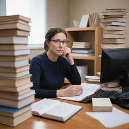 A diligent teacher immersed in work, seated at a cluttered wooden desk, engrossed in her personal computer amidst a stack of books.