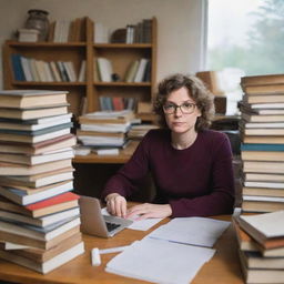 A diligent teacher immersed in work, seated at a cluttered wooden desk, engrossed in her personal computer amidst a stack of books.