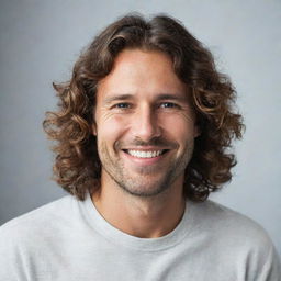 A handsome 35-year-old man with wavy, long hair and a charismatic smile.