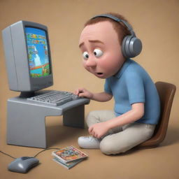 A whimsical, cartoon character engrossed in playing a game on a large computer.