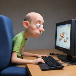 A whimsical, cartoon character engrossed in playing a game on a large computer.