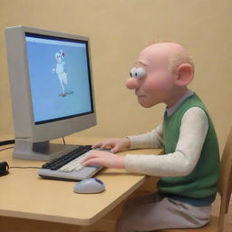 A whimsical, cartoon character engrossed in playing a game on a large computer.