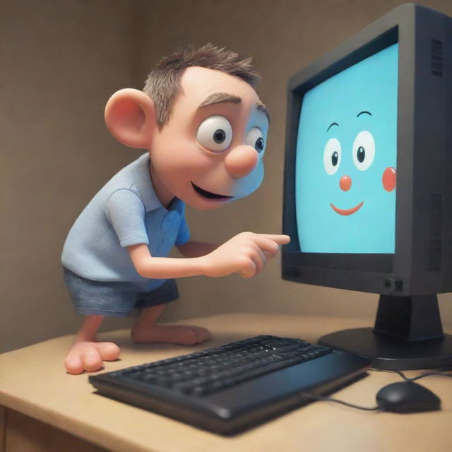 A whimsical, cartoon character engrossed in playing a game on a large computer.